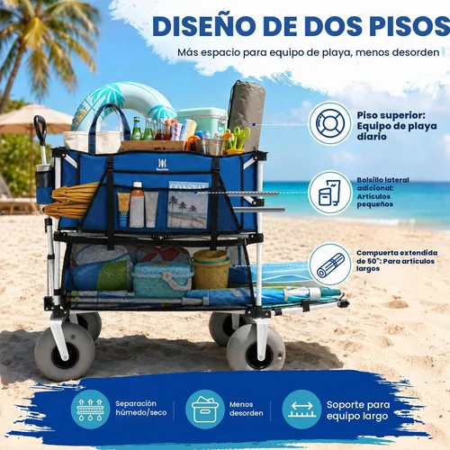 Vista 3 de [Usado] Navatiee Carro de playa de doble piso de 500 libras, carrito de playa resistente de gran capacidad de 400 litros con ruedas de globo de 9