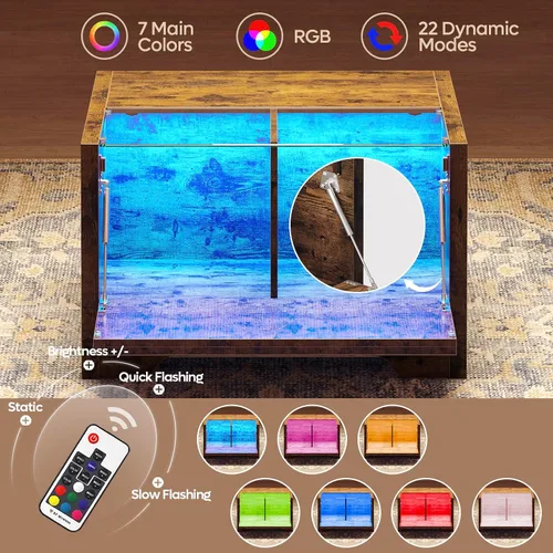 Vista 4 de Bestier Mesa de centro de granja de 31.5 pulgadas con almacenamiento, mesas de centro cuadradas LED para sala de estar, mesa central de madera
