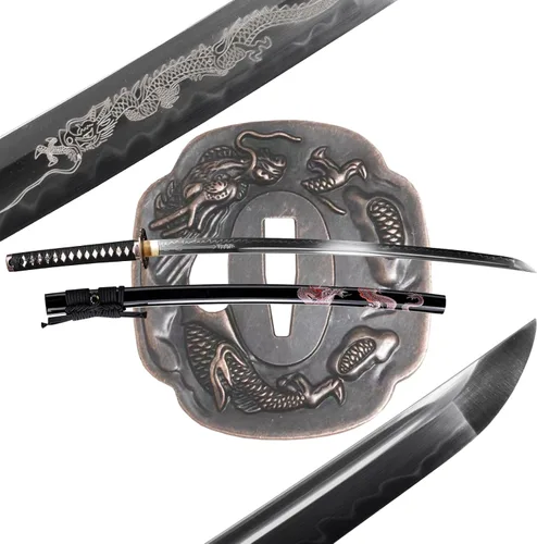 Vista 7 de OYZ - Espada Katana de samurái japonesa, templada en arcilla, acero T10, Choji Hamon real, espada con Tsuba, hoja afilada, espada completa hecha a
