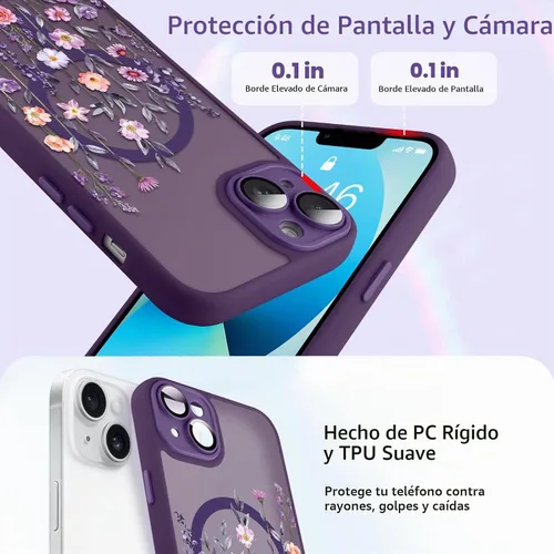 Vista 5 de Magnético para iPhone 13 con protector de pantalla [Compatible con MagSafe] Diseño de patrón floral de flores bonitas, funda delgada a prueba