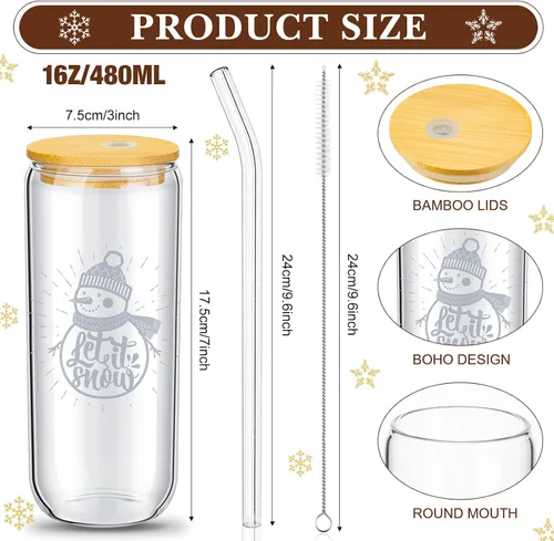 Vista 2 de meekoo 8 vasos de Navidad a granel, vasos de vidrio de Navidad de 16 onzas con tapas y pajitas, vasos de Navidad transparentes para café helado