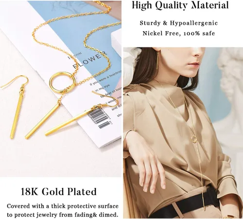 Vista 5 de FOCALOOK Collares largos para mujer, chapados en oro de 14 quilates, delicado colgante de barra de gota en forma de Y, juego de aretes de 28 pulgadas