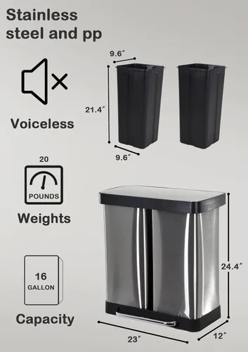 Vista 5 de Cubo de basura doble de 10 galones, contenedor de reciclaje clasificado para reciclaje de cocina y basura, cubo de basura de doble compartimento