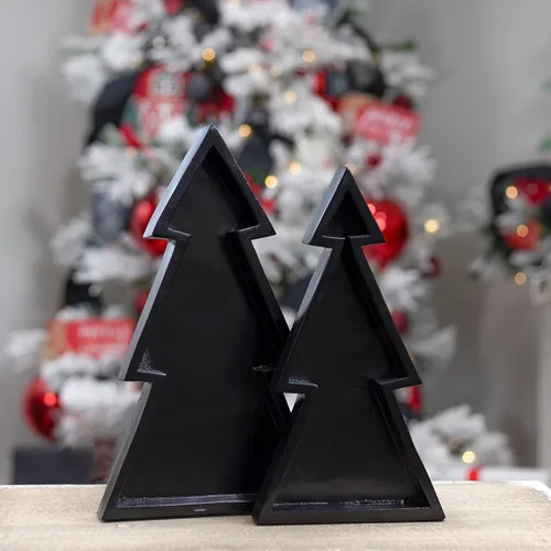 Vista 2 de AuldHome Design Bandejas de madera para árbol de Navidad (Juego anidado de 2, negro), bandejas decorativas de estilo rústico para servir en Navidad