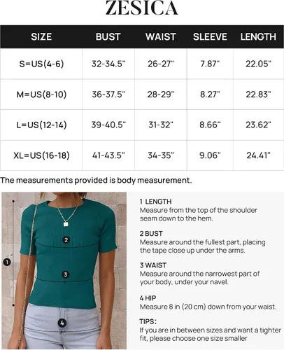 Vista 6 de ZESICA Camiseta de manga corta con cuello redondo y punto acanalado para mujer, ajustada, camiseta básica de verano 2023 de color sólido