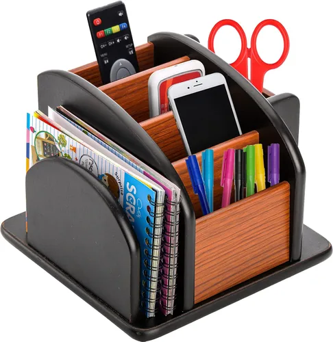 Vista 5 de DEAYOU Organizador de madera giratorio a distancia, soporte giratorio para control remoto para mesa, 6 compartimentos, suministros de oficina