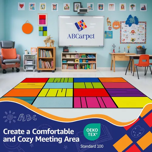 Vista 3 de Alfombra colorida de aula para niños, 6 pies 6 pulgadas x 8 pies 6 pulgadas, alfombra de asiento de aula de nailon duradera con respaldo