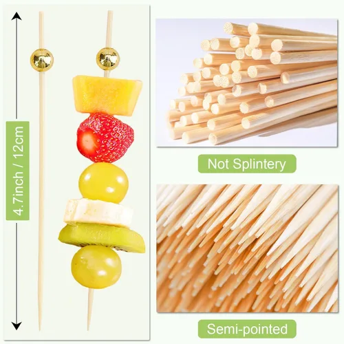 Vista 2 de 100 palillos de dientes elegantes para aperitivos, palillos de cóctel de perlas doradas de 4.7 pulgadas para bebidas, brochetas de bambú