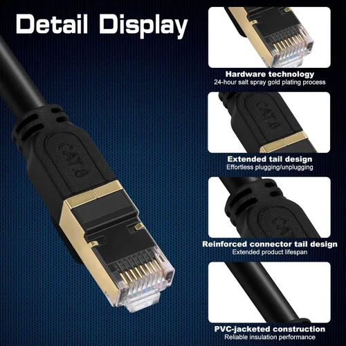 Vista 2 de Cable Ethernet Cat 8, cable de conexión LAN de alta velocidad resistente de 30 pies con conectores RJ45 chapados en oro, 26 AWG, 2000 Mhz