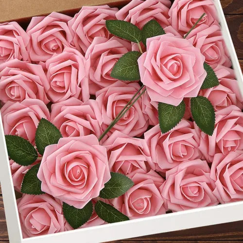 Vista 35 de Higfra Flores artificiales, 25 unidades, rosas falsas de espuma negra de aspecto real con tallos para ramos de boda, centros de mesa de despedida