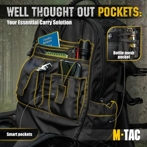 Vista 5 de M-Tac Mochila militar para hombres y mujeres - Mochila grande de senderismo MOLLE de 25L para viajes y supervivencia - Mochila negra - Senderismo