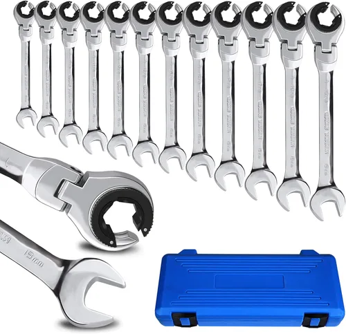 Vista 11 de LOSCHEN 1 pieza de 8 mm de llave de trinquete de cabeza flexible abierta, llave combinada métrica con 84 dientes, llave de trinquete de tubo