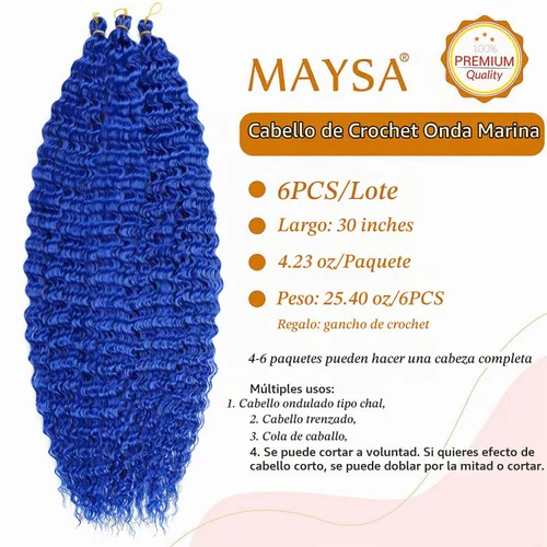 Vista 2 de MAYSA Cabello ondulado de ganchillo azul, cabello ondulado con ganchillo para mujer, extensiones de cabello sintético de onda profunda de 22