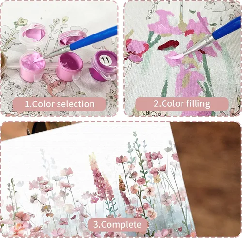 Vista 6 de SUMGAR Kit de pintura enmarcada por números para adultos flores, kit de pintura de lienzo de flores silvestres rosas con marco, pintura acrílica