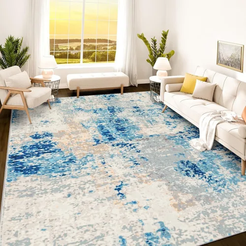 Vista 124 de Istana Alfombra larga antideslizante de 2.5 x 8 para el hogar, para pasillo y cocina, lavable, sedosa y suave al tacto, elegante, color azul y marfil