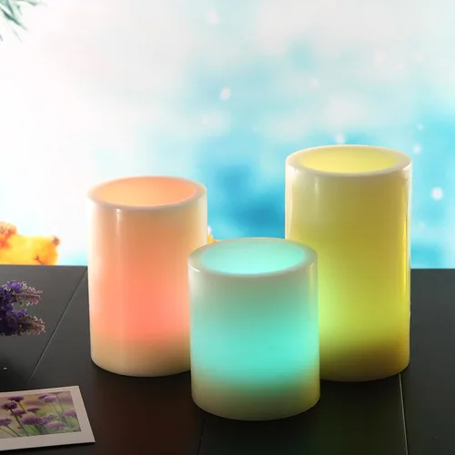 Vista 3 de CANDLE CHOICE Velas sin llama que cambian de color a pilas con temporizador remoto, cera real, parpadeante, eléctrica, multicolor, luces LED