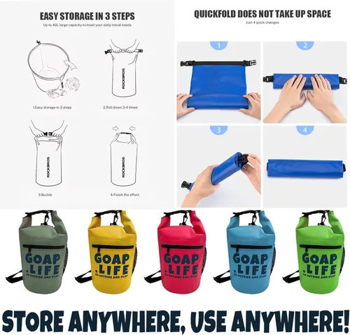 Vista 7 de GOAP Bolsa seca impermeable 10L playa, pesca, camping, senderismo, rolltop, correa cruzada, bolsillo para botella de agua, bolsillo con cremallera