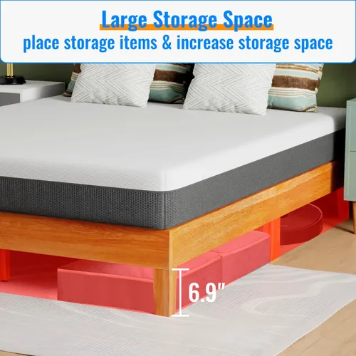 Vista 5 de PayLessHere Marco de cama de madera con plataforma tamaño Queen, sin cabecero, no necesita somier, listones de madera, soporte sin ruido, fácil