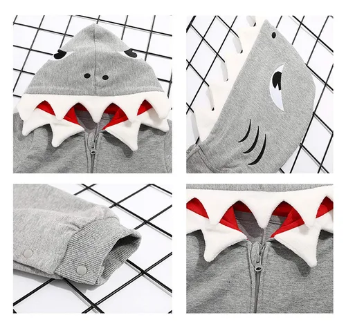 Vista 2 de ALLAIBB Disfraz de tiburón para bebé, mameluco de algodón con dibujos animados 3D, lindo overol con capucha para bebés, niños y niñas, 3-24 meses