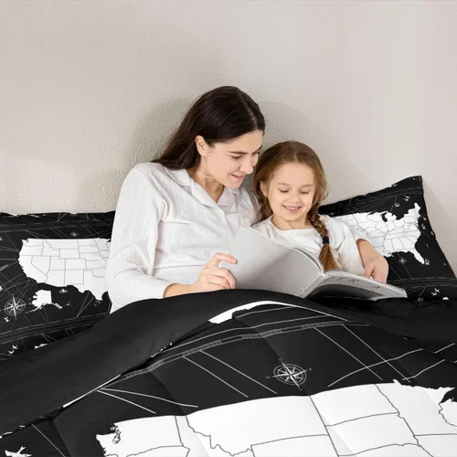 Vista 5 de Juego de edredón con diseño de mapa del mundo, juego de edredón y juegos de cama con temática náutica, color blanco y negro, edredón de velero