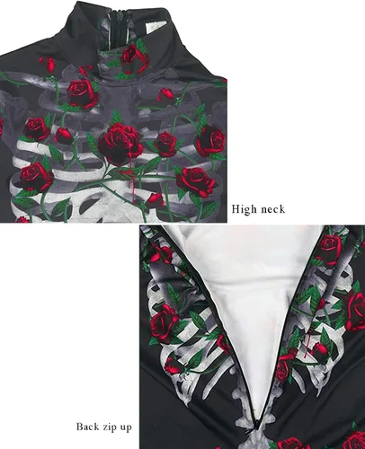 Vista 6 de Fixmatti - Disfraz de fiesta de Halloween para mujer, traje de manga larga con estampado de calavera