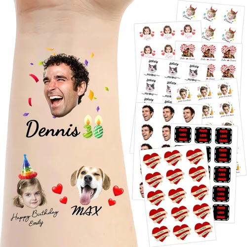 Vista 12 de Tatuajes temporales personalizados para la cara, tatuajes faciales personalizados con nombre de foto, logotipo, texto, calcomanía de tatuaje falsa