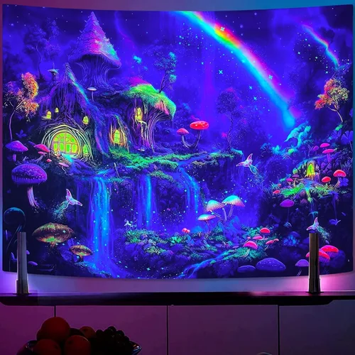 Vista 3 de Kanuyee Tapiz de luz negra de neón para colgar en la pared, bosque encantado, cascada, tapices para dormitorio, tapices UV, para colgar en la pared