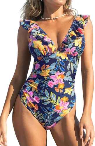 Vista 8 de CUPSHE Traje de baño de una pieza para mujer, con cuello en V, fruncido y Negro