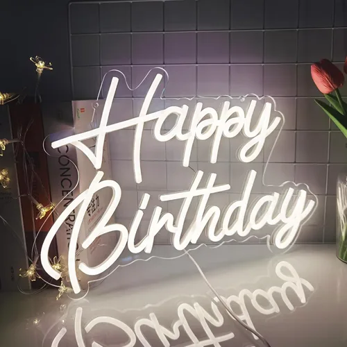 Vista 3 de Happy Birthday Neon Sign Reusable Warm White LED Neon Night Light Birthday Party Decorations USB Operated Decorative for Backdrop Party Bedroom Wall