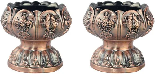 Vista 7 de Portavelas de flor de loto – Taza budista tibetana para oferta de agua, soporte para lámpara de aceite para meditación de Altar de Buda (bronce)