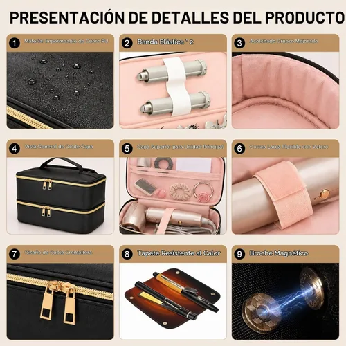 Vista 6 de Bolsa de viaje para herramientas para el cabello con alfombrilla resistente al calor para Shark Flex, funda de viaje impermeable de piel sintética
