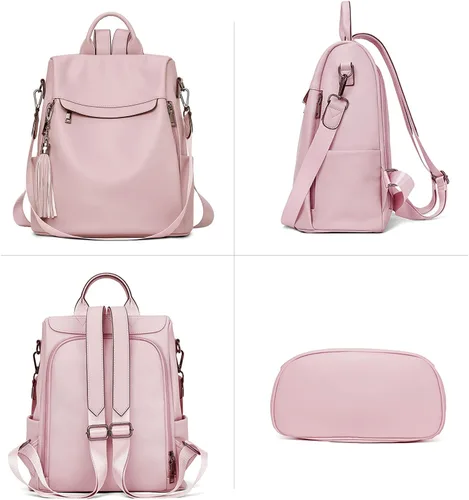 Vista 21 de Bromen - Mochila tipo bolso de mano de piel antirrobo para mujer a la moda, Beige floral, L