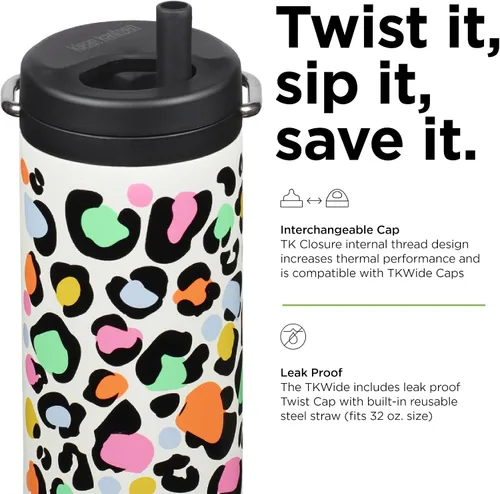 Vista 4 de Klean Kanteen TKWide - Vaso térmico para café con tapa de café, de acero inoxidable, estampado de leopardo