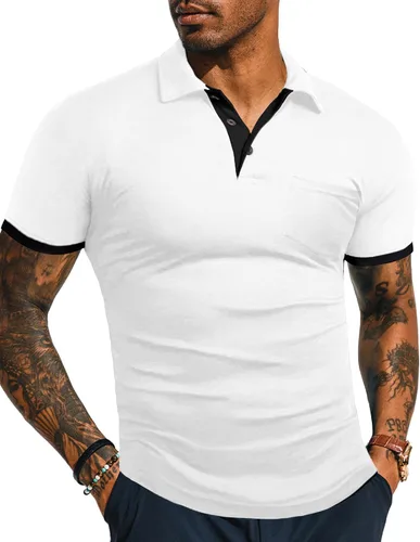 Vista 24 de KUYIGO Camisas de manga larga y corta estilo polo para hombre, estilo informal, ajustadas, diseño sólido, suave, con botones, de algodón, con A1
