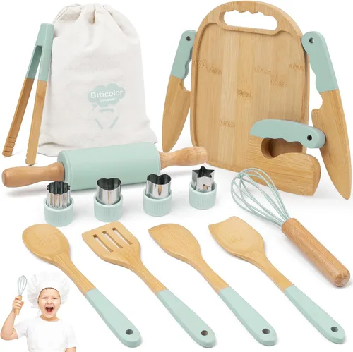 Vista 9 de Juego de cocina Montessori de madera para niños, herramientas de cocina reales y utensilios para hornear, kit de cocina de 15 piezas para niños