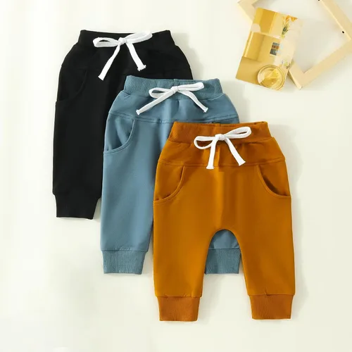 Vista 2 de Paquete de 3 pantalones básicos lisos y suaves para bebé, pantalones de lino de algodón para bebé, pantalones cómodos para verano, otoño y primavera