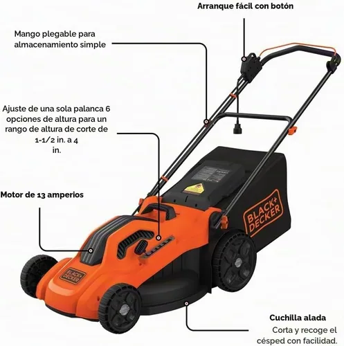 Vista 2 de BLACK+DECKER Cortacésped eléctrico con cable, 13 amperios, plataforma de corte de 20 pulgadas, ajuste de altura de 6 ajustes, almacenamiento