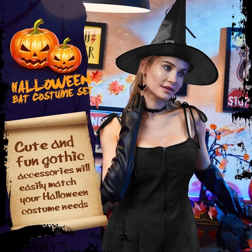Vista 5 de Ramede 5 Pcs Halloween Witch Hat Accessories, Include Black Wide Brim Pointed Hat, Lace Bat Choker, Cool Earrings Gothic Jewelry Set, PU Leather