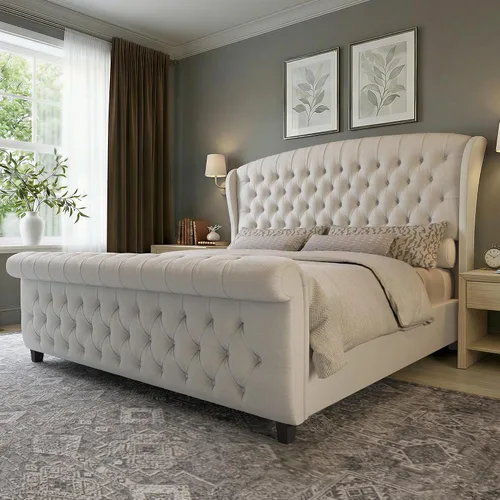 Vista 13 de LUXOAK Estructura de cama tapizada tamaño Queen con cabecera capitoné Negro