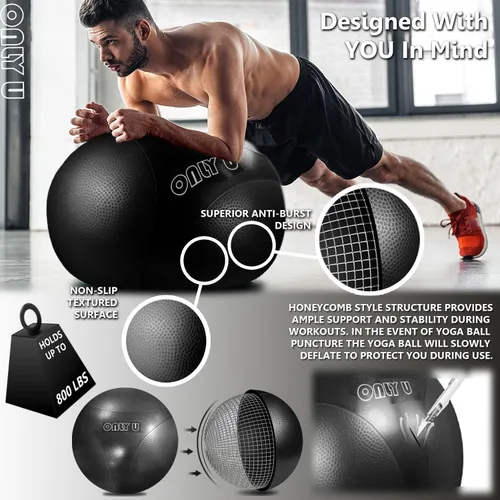Vista 3 de only U Pelota de yoga premium, pelota de ejercicio, pelota de fitness, equilibrio y estabilidad, tamaño de 25.6 in, PVC ecológico, antiestallido