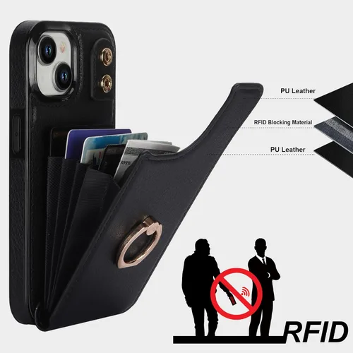Vista 5 de Folosu Compatible con iPhone 15 Funda cartera con tarjetero con rotación de 360°, soporte de anillo de dedo con función atril, bloqueo RFID