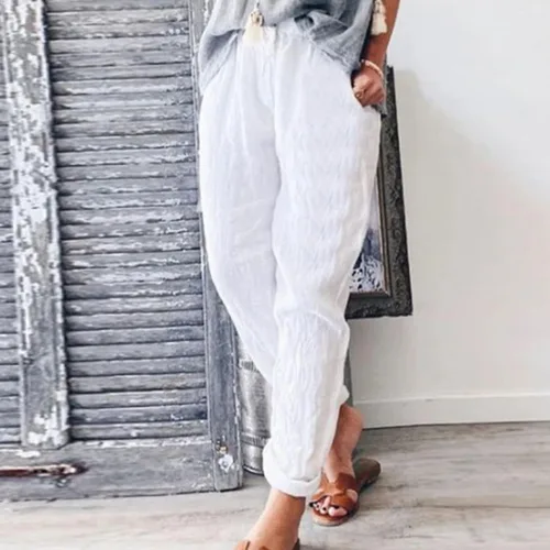 Vista 3 de Pantalones de lino para mujer, de verano, casuales, de tiro alto, cónicos, de algodón, cintura elástica, con bolsillos