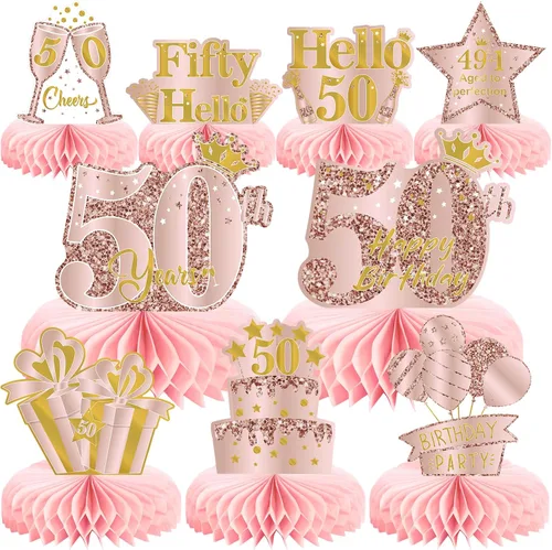 Vista 10 de 9 piezas de decoración de cumpleaños número 13, centros de mesa de cumpleaños rosa rosa dorado para niñas, centros de mesa de feliz cumpleaños 13