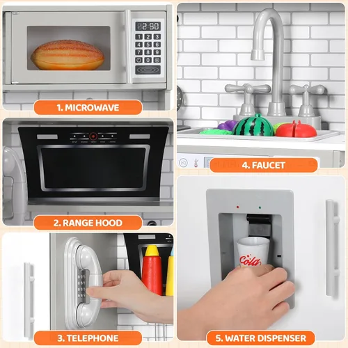 Vista 4 de Arlopu Juego de cocina para niños, juego de juguetes de madera con diseño realista, sonidos de luces, ollas y utensilios para niños y niñas a partir