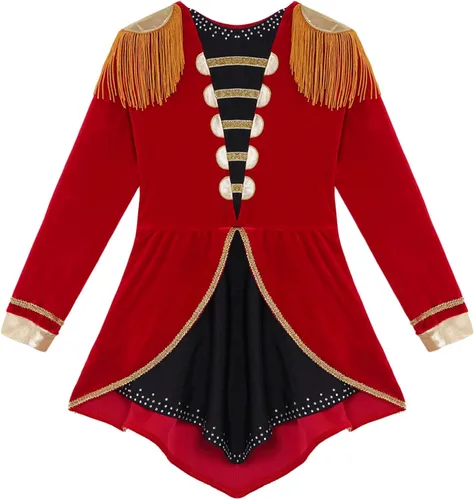 Vista 3 de Fldy Disfraz de Majorette de Tambor para Niñas y Niñas, Disfraz de Circo Ringmaster de Halloween de manga larga con borlas