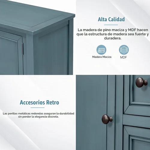 Vista 8 de Merax Mesa de buffet de madera con estante de almacenamiento, 2 cajones y armarios, gabinete de barra de café para sala de estar, comedor, cocina