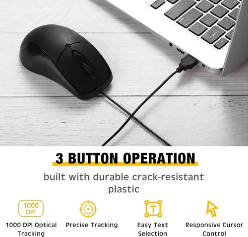 Vista 5 de 50 unidades de ratón negro con cable USB a granel 1000 DPI 3 botones con cable de computadora Mouse Mini Cable Ratón Ratón para juegos Ratón