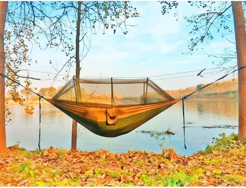 Vista 4 de Sunyear Hamaca de Camping, Hamaca Portátil Individual y Doble con Red, Tienda de Hamaca para 2 Personas con 2 Correas de 3 metros, Ideal para A