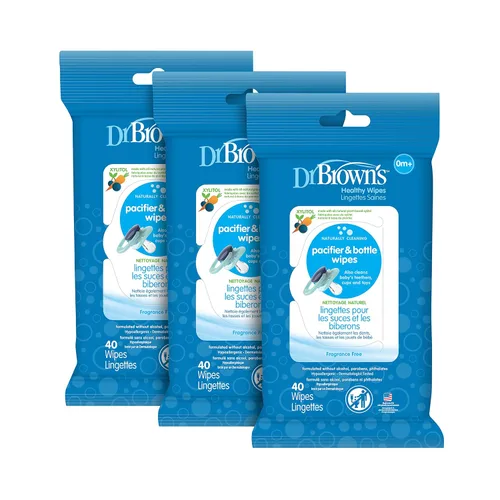 Vista 2 de Dr. Brown's Toallitas saludables para biberones y chupetes, limpieza natural para biberones y artículos para bebés, 30 unidades, paquete de 3