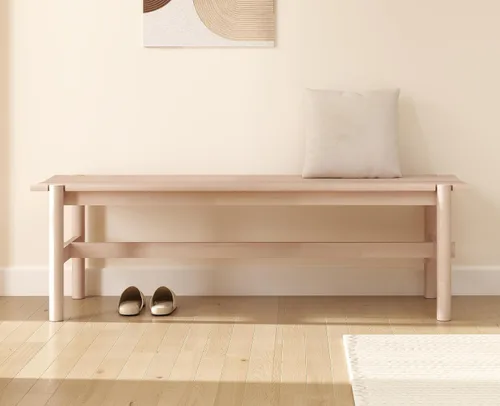 Vista 3 de EALSON Banco de madera maciza moderno de 55 pulgadas de largo, banco de comedor para dormitorio, cocina, pasillo, sala de estar, blanco lavado
